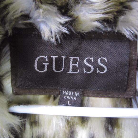 Guess Jacket Womens Large Brown Faux Suede Leopard Faux Fur Trim Coat Winter - Picture 3 of 9